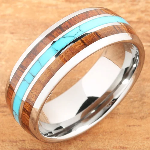 women's split shank engagement ring-Koa Wood Turquoise Tungsten Wedding Ring 8mm Triple Row Men's Ring