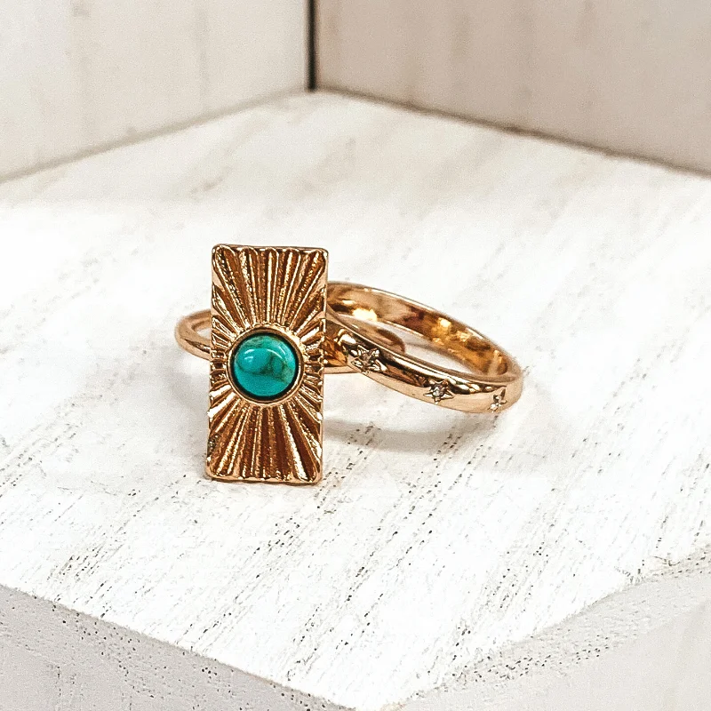 women's pave setting ring-Set of 2 | Rectangle Shaped Sunburst Gold Tone Ring Set with Center Stone in Turquoise