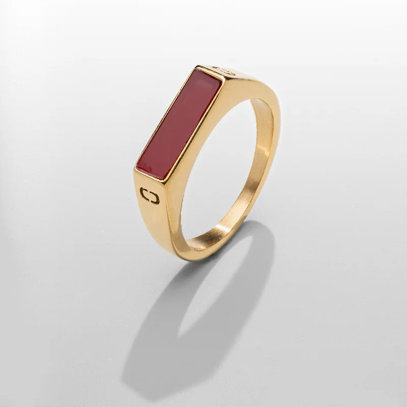 women's custom ring-Red Rectangle Stone Signet Ring (Gold)