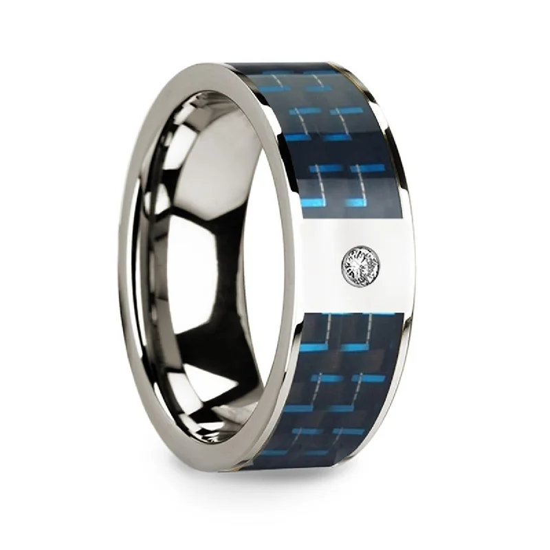 women's birthstone engagement ring-Polished 14k White Gold Diamond Wedding Ring with Blue & Black Carbon Fiber Inlay - 8mm