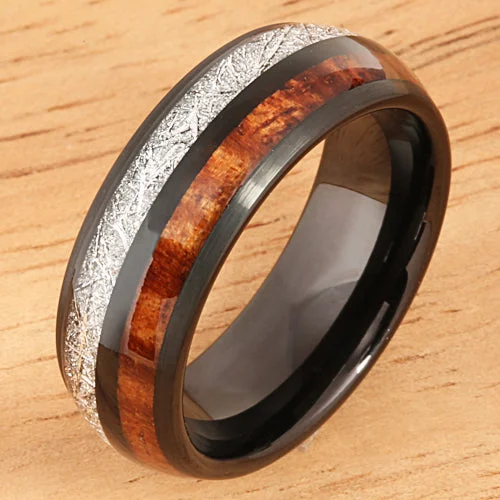 women's braided band engagement ring-Koa Wood and Meteorite Pattern Ring Black Tungsten Wedding Ring 8mm Barrel Shape