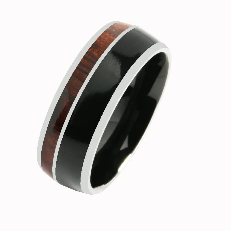 women's butterfly engagement ring-Tungsten Koa Wood and Onyx Inlaid Wedding Ring Barrel 8mm