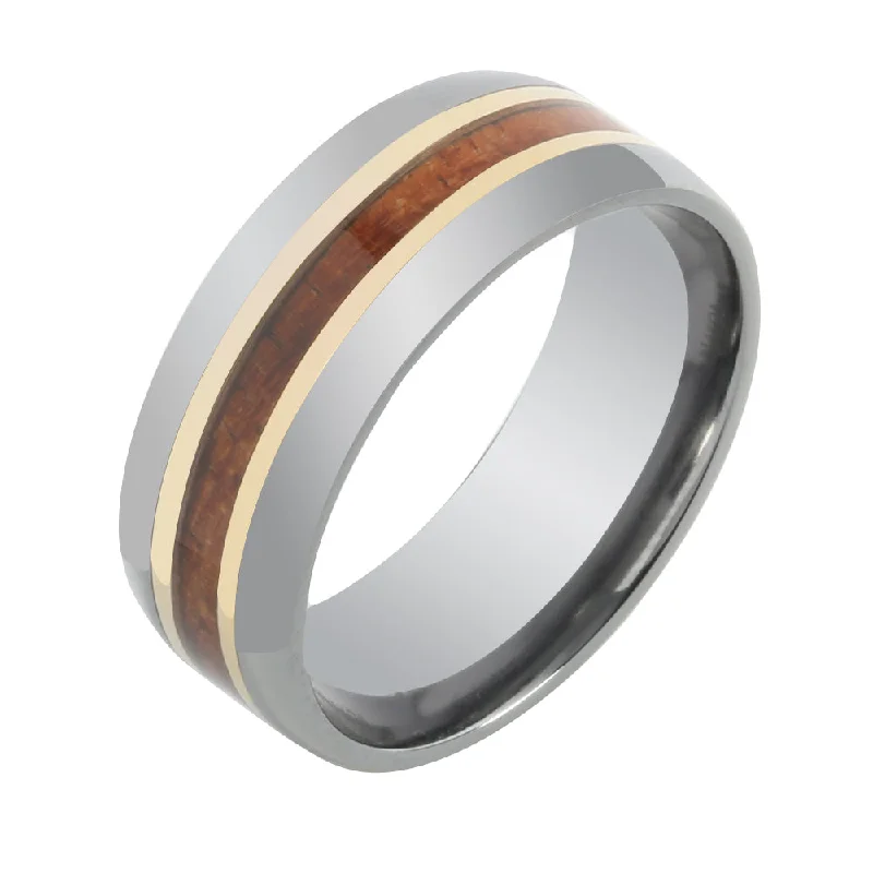 women's engraved engagement ring-Tantalum with 14K Yellow Gold and Koa Wood Inlaid Wedding Ring Barrel 8mm