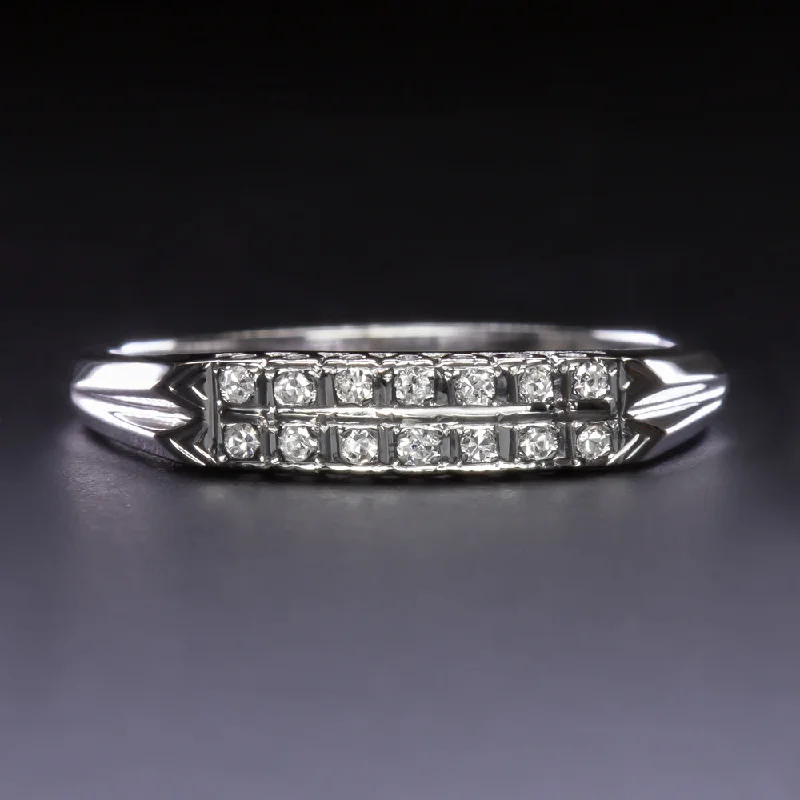 women's designer engagement ring-VINTAGE DIAMOND WEDDING RING DOUBLE ROW 14K WHITE GOLD STACKING BAND ESTATE