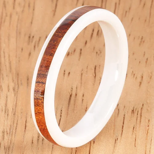 women's rose gold engagement ring-4mm Natural Hawaiian Koa Wood Inlaid High Tech White Ceramic Barrel Wedding Ring