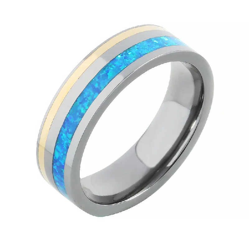 women's eternity engagement ring-Tantalum with 14K Yellow Gold and Opal Inlaid Wedding Ring Flat 6mm