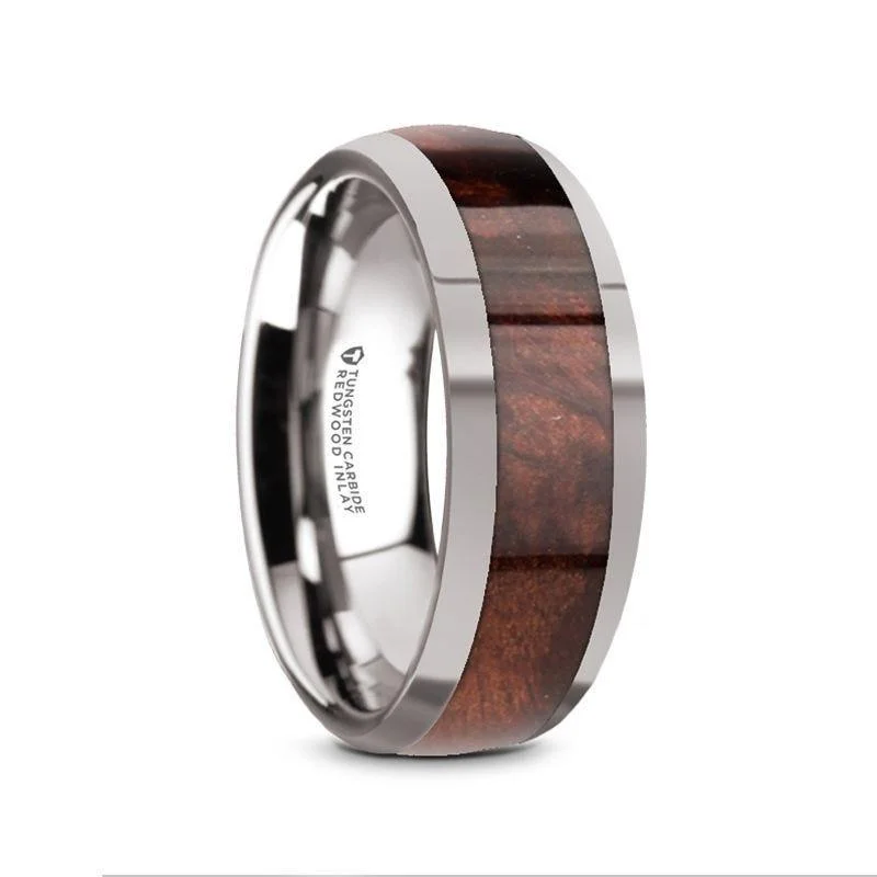 women's wide band engagement ring-GROVE Men’s Tungsten Polished Edges Domed Wedding Ring with Redwood Inlay - 8mm