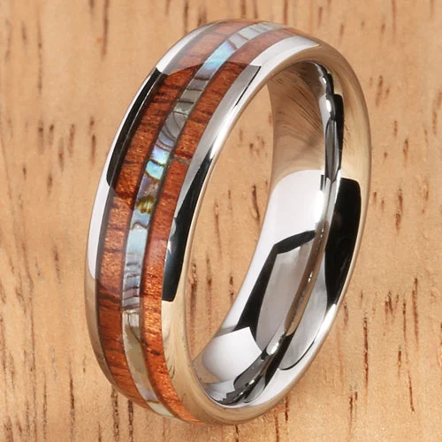 women's Victorian-style engagement ring-Koa Wood Abalone Tungsten Wedding Ring Central Abalone 6mm Barrel Shape Hawaiian Ring