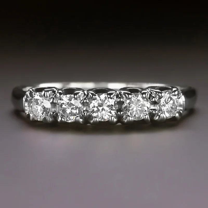 women's heart-shaped engagement ring-VINTAGE DIAMOND WEDDING RING PALLADIUM STACKING BAND 0.45ct 5 STONE ROUND CUT