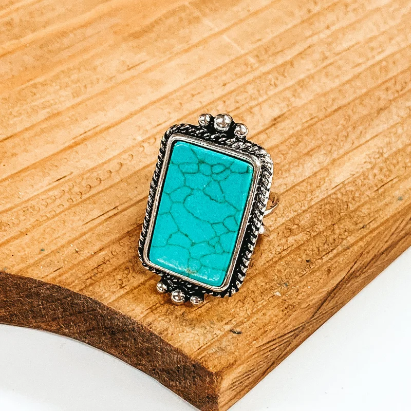 women's unique ring-Rectangle Stone Silver Tone Cuff Ring in Turquoise