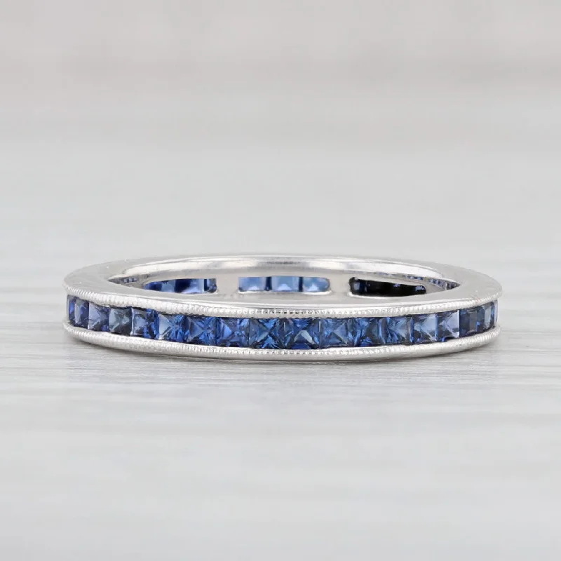 women's halo engagement ring-0.75ctw Blue Sapphire Eternity Band 18k White Gold Size 5 Wedding Ring