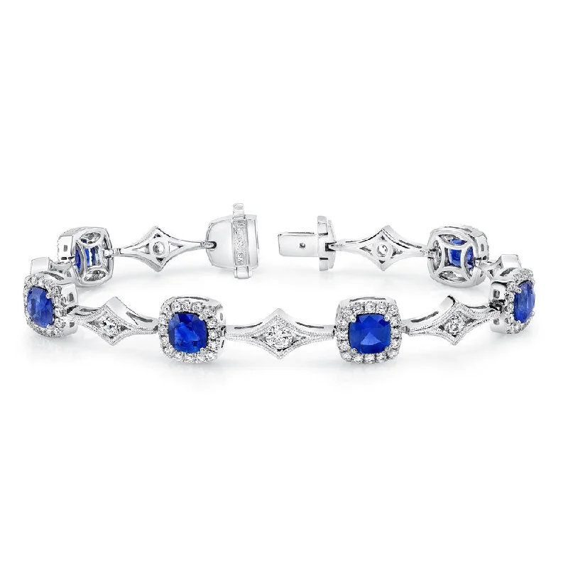 women's dainty necklace-Uneek Cushion-Cut Sapphire Bracelet with Channel-Set Diamonds in Milgrain-Trimmed Rhomboid Links