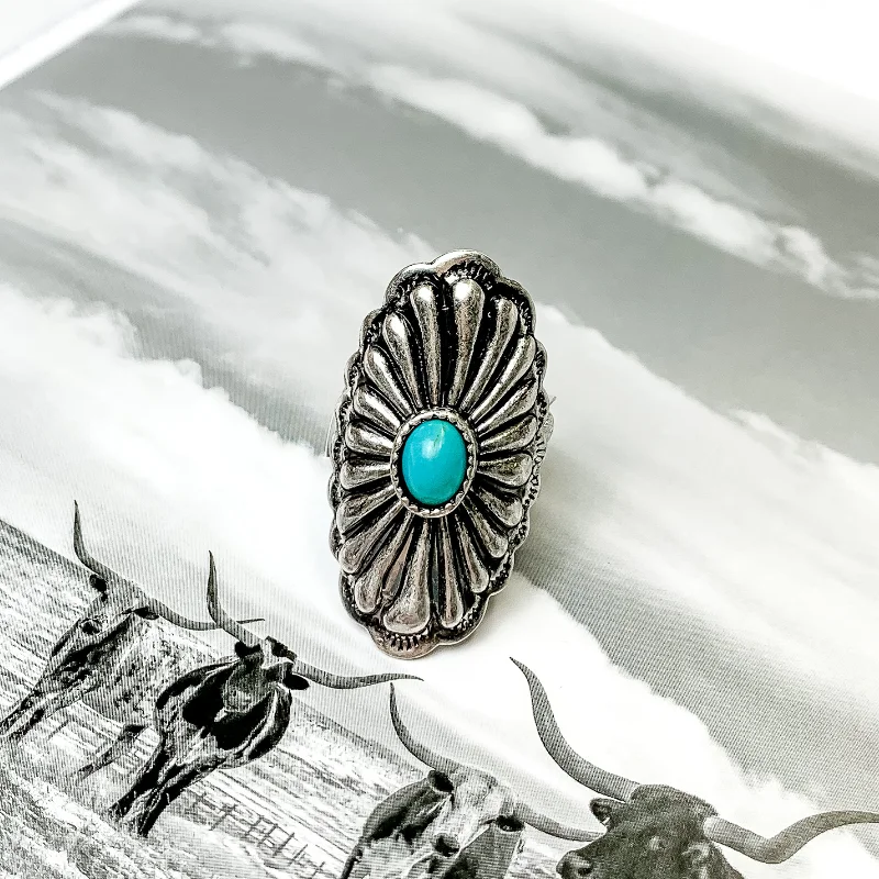 women's designer ring-Silver Tone Long Oval Concho Cuff Ring with Center Faux Stone in Turquoise