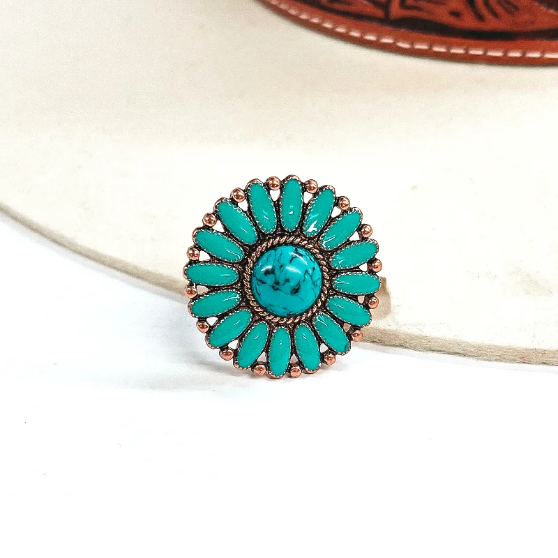 women's ring-Circle Concho Turquoise Cluster Epoxy Ring in Copper Tone