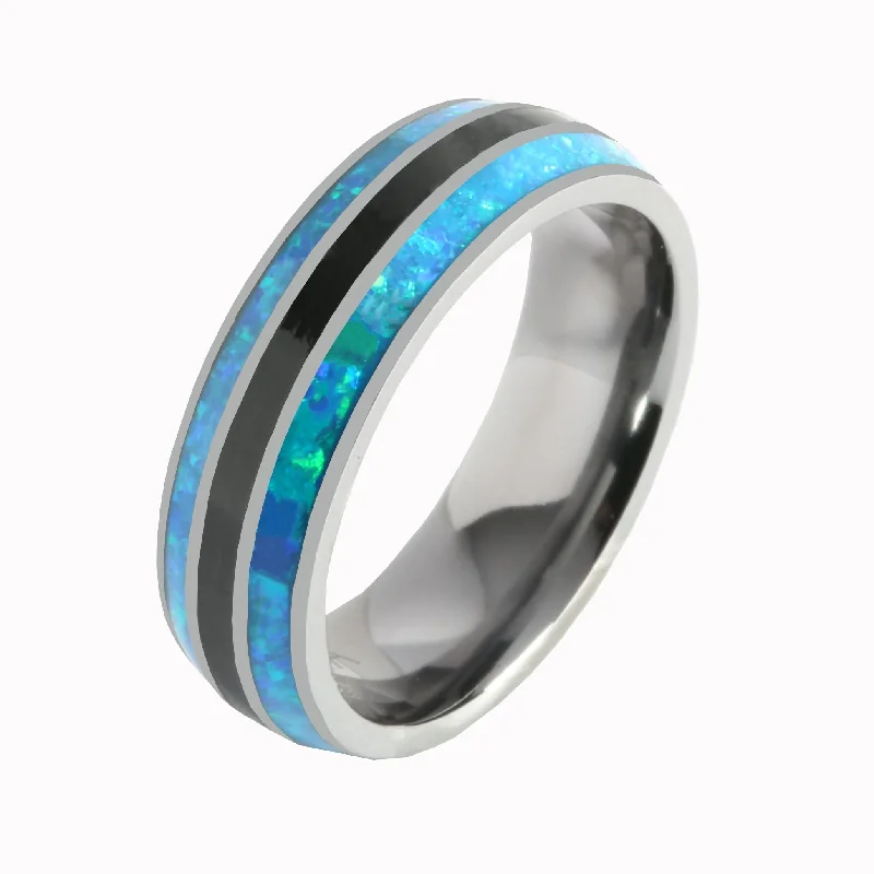 women's eco-friendly engagement ring-Tantalum with Blue Opal and Onyx Inlaid Wedding Ring Barrel 6mm