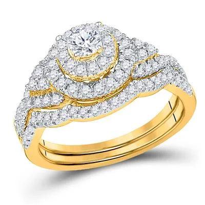 women's handcrafted engagement ring-10K DIAMOND DOUBLE HALO BRIDAL WEDDING RING SET 3/4 CTTW