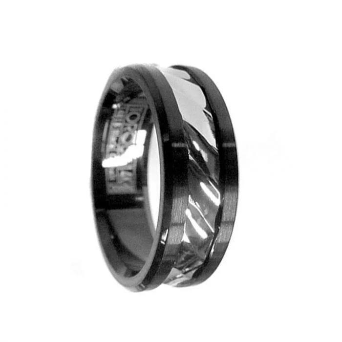 women's braided band engagement ring-Hammered 14k White Gold Inlaid Black Cobalt Men’s Wedding Ring - 7.5mm