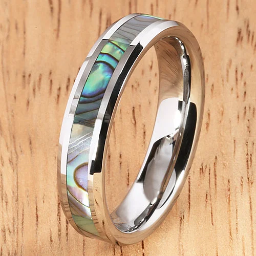 women's wide band engagement ring-5mm Abalone Shell Inlaid Tungsten Beveled Edge Wedding Ring