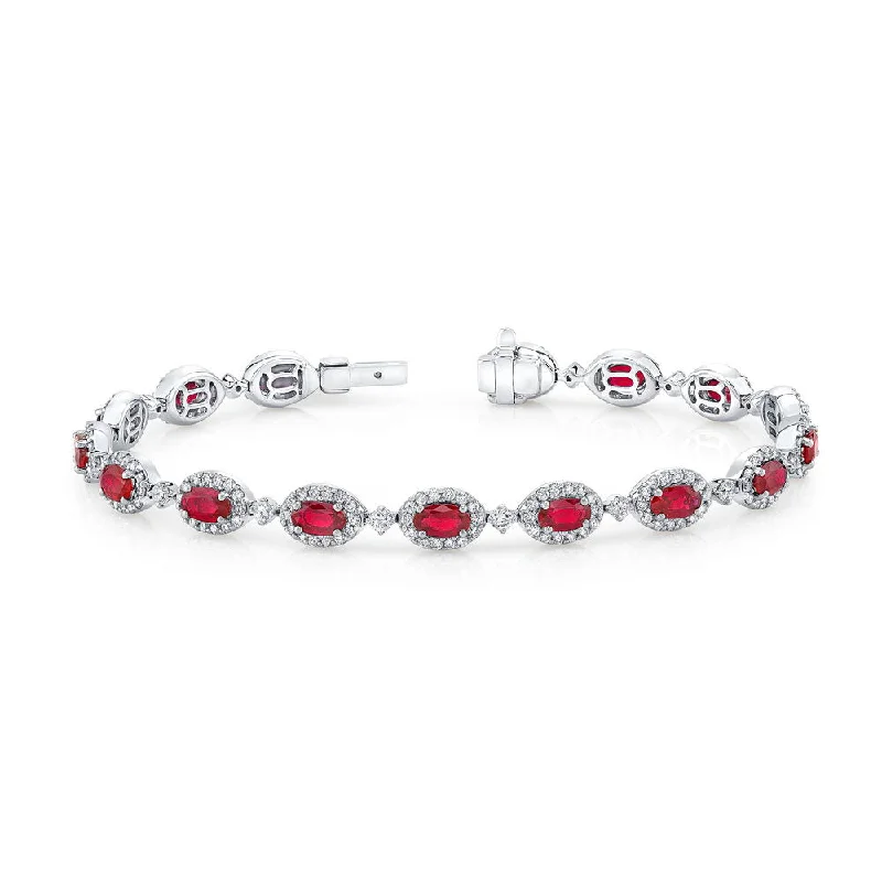 women's necklace-Uneek Precious Collection Halo Oval Shaped Ruby 0 Bracelet