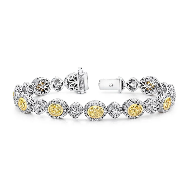 women's vintage necklace-Uneek Oval Yellow Diamond Bracelet with Tilted Cushion Halo Links