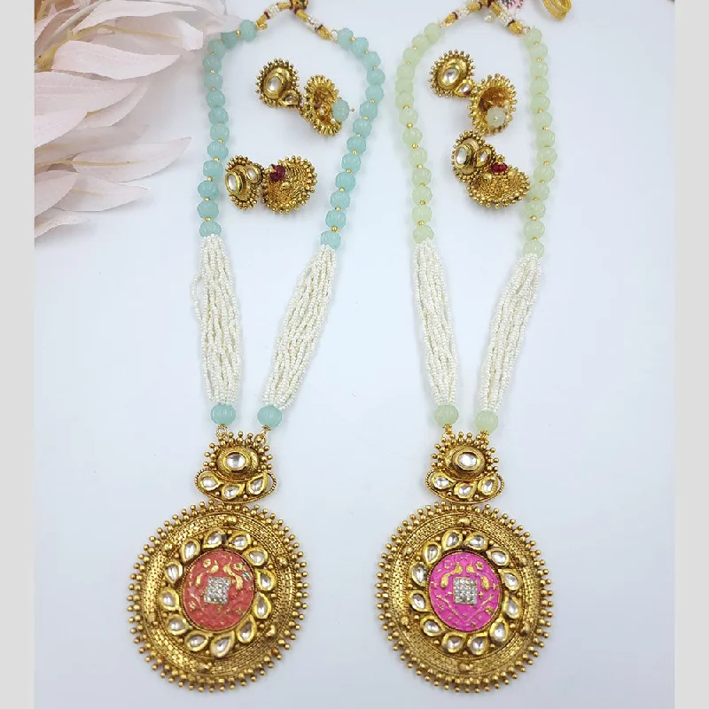 women's thin chain necklace-Jcm Gold Plated Kundan Stone And Beads Necklace Set