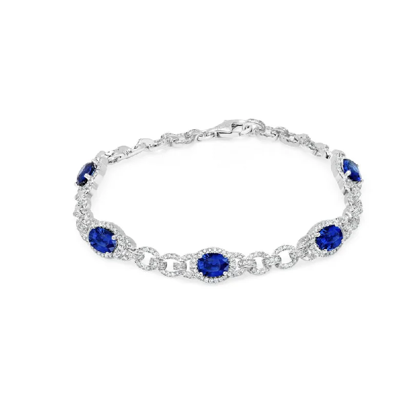 women's nature-inspired necklace-Uneek Precious Collection Halo Oval Shaped Blue Sapphire Bracelet