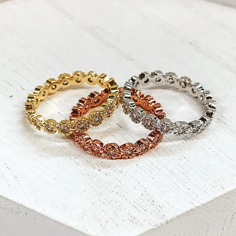 women's emerald ring-Set of 3 | Silver Tone, Gold Tone, and Rose Gold Tone Rings with Clear CZ Crystals