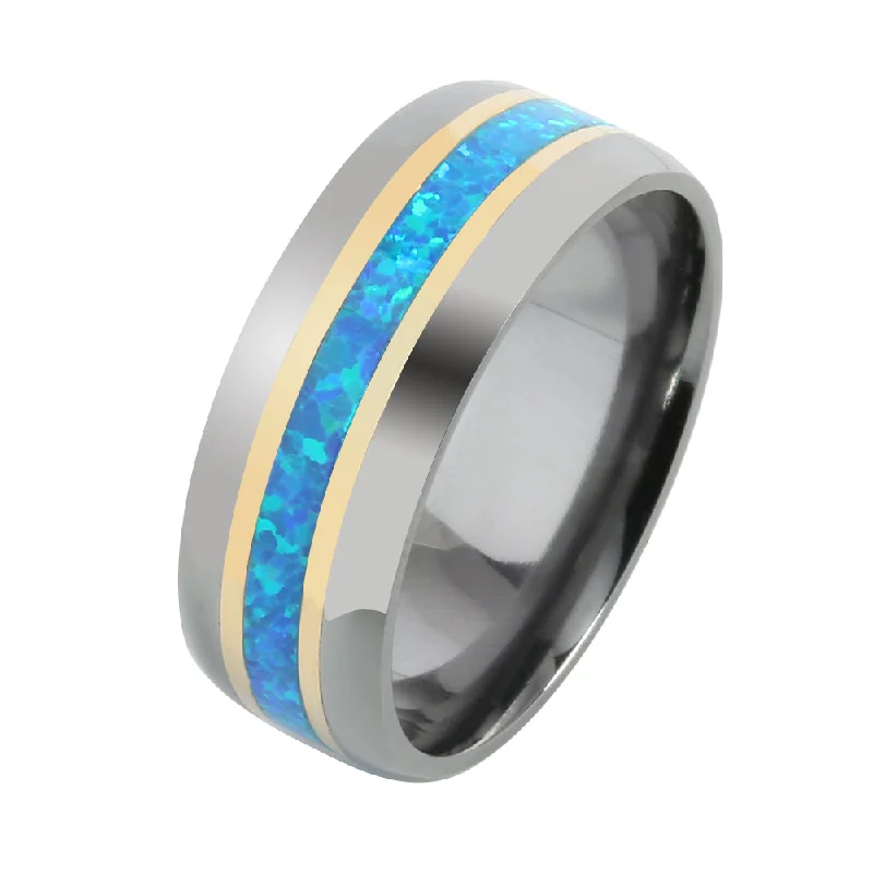 women's designer engagement ring-Tantalum with 14K Yellow Gold and Blue Opal Inlaid Wedding Ring Barrel 8mm