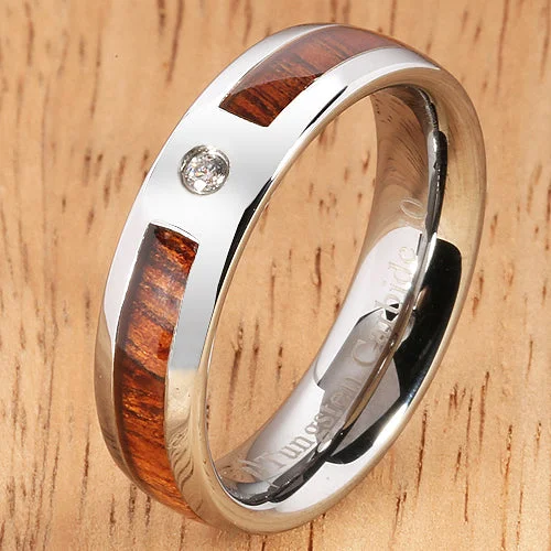 women's modern engagement ring-6mm Natural Hawaiian Koa Wood Inlaid Tungsten with CZ Oval Wedding Ring