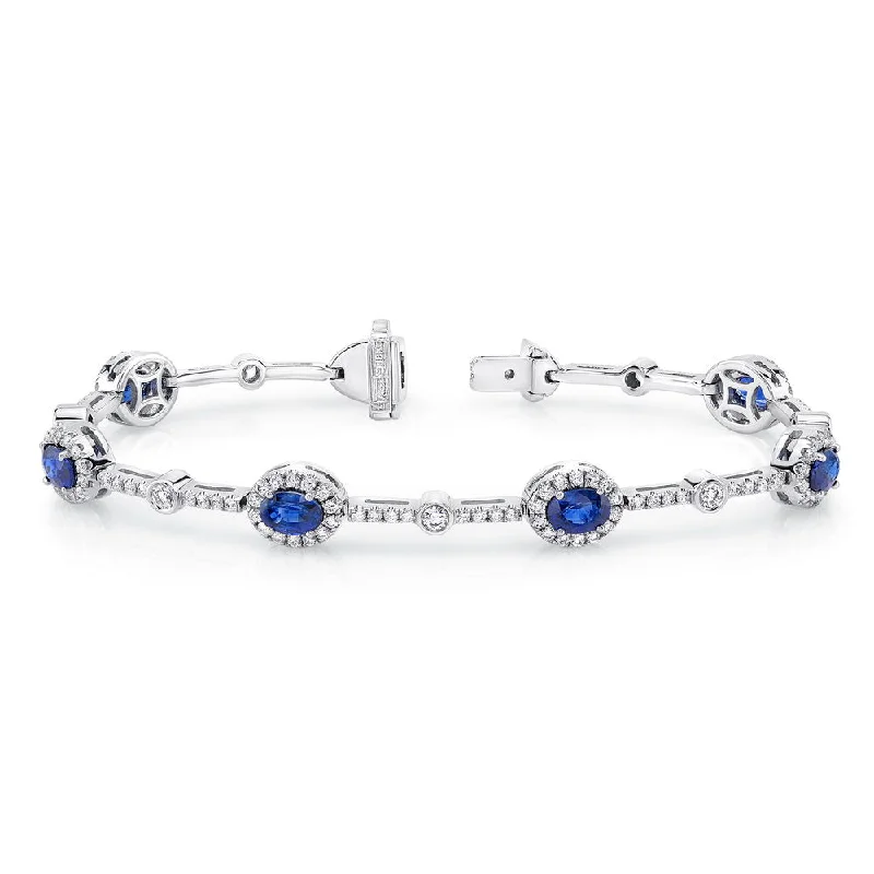 women's bar necklace-Uneek Oval Sapphire Bracelet with Round Bezel Diamond Stations