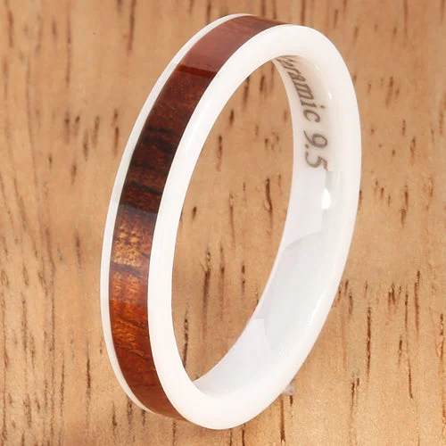 women's marquise engagement ring-4mm Natural Hawaiian Koa Wood Inlaid High Tech White Ceramic Flat Wedding Ring