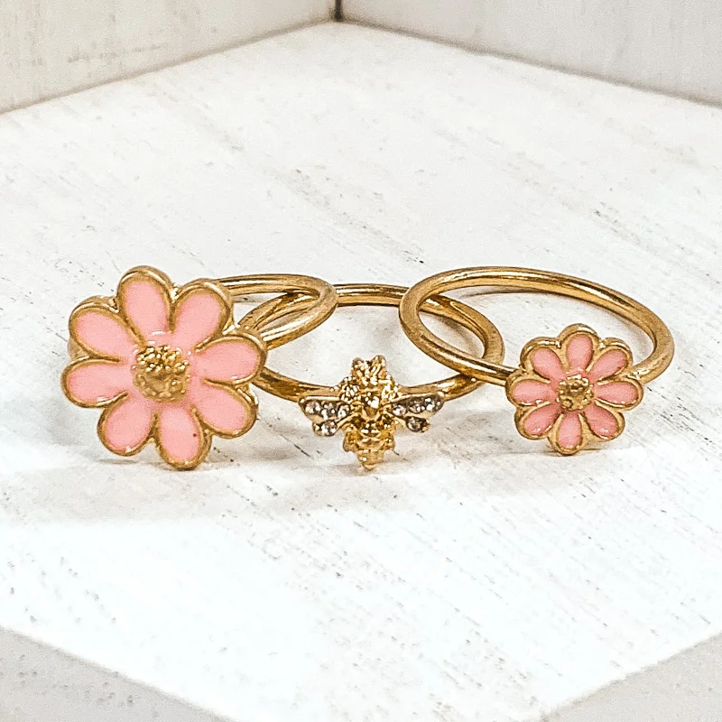 women's halo ring-Set of 3 | Bee and Flower Gold Tone Ring Set in Pink