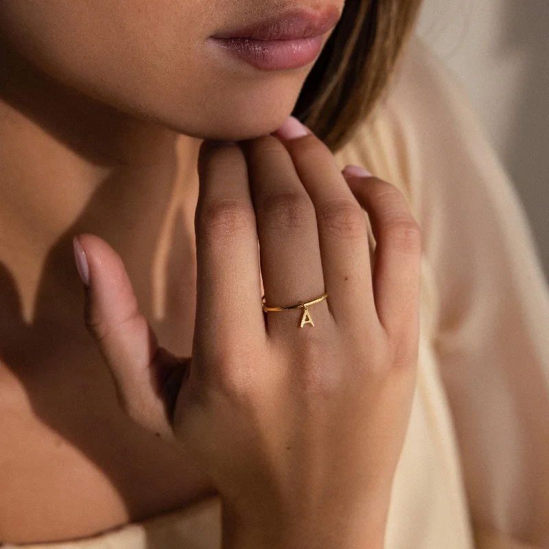 women's gemstone ring-Dainty Initial Drop Ring