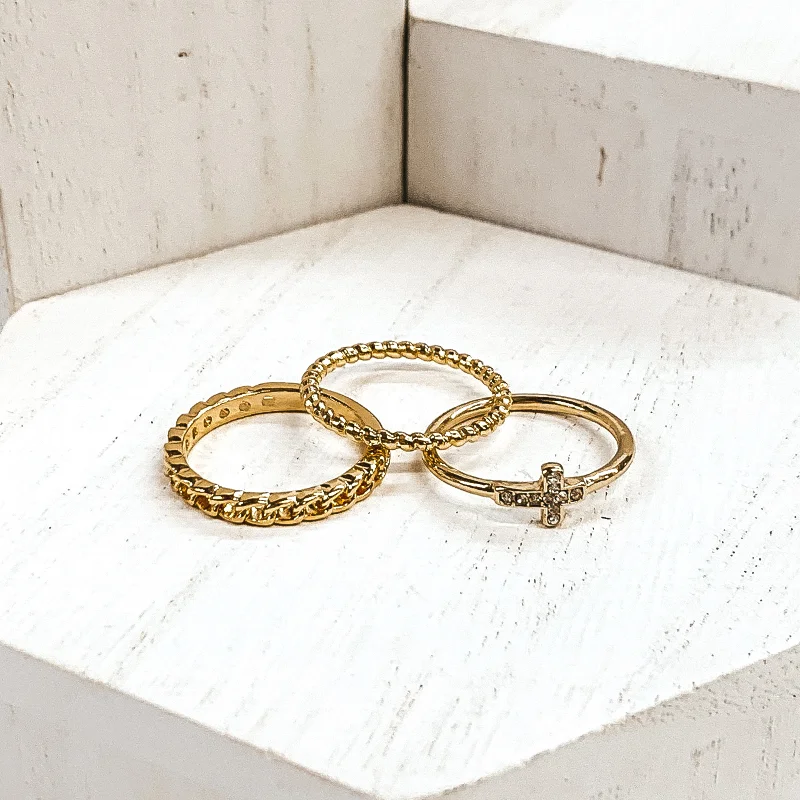 women's nature-inspired ring-Set of 3 | Crystal Cross Pendant Ring Set in Gold Tone