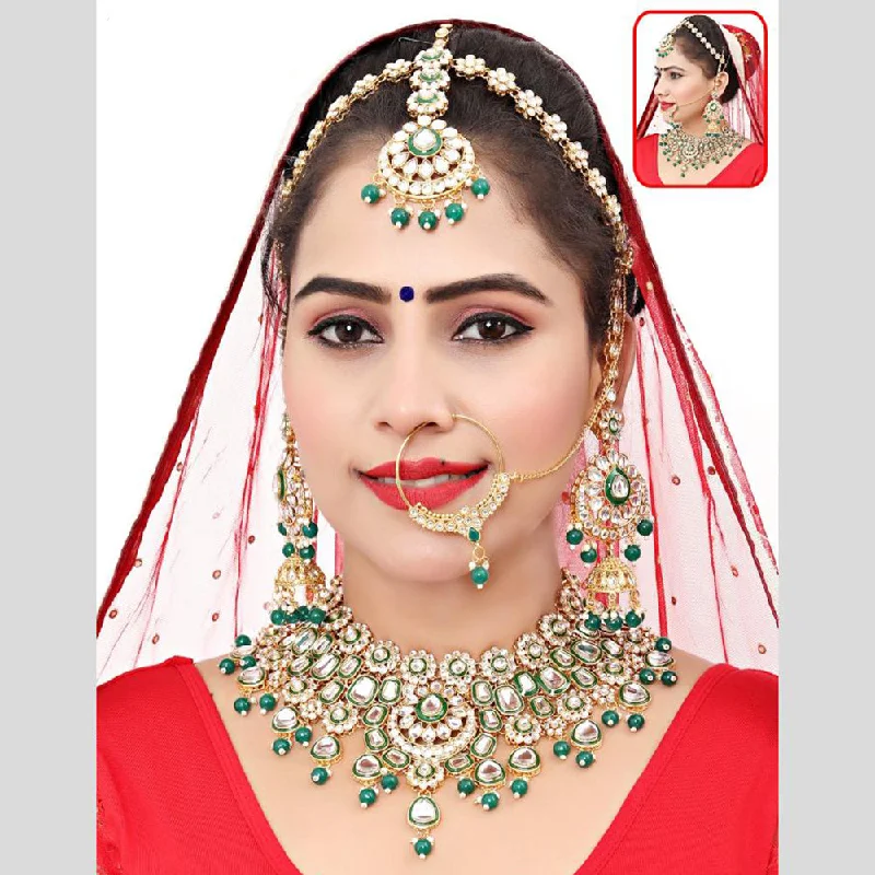 women's custom necklace-Neetu Art Gold Plated Kundan Stone And Beads Semi Bridal Necklace Set