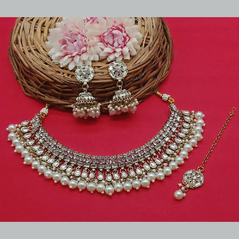 women's platinum necklace-Sai Fashion Gold Plated Kundan And Beads Necklace Set