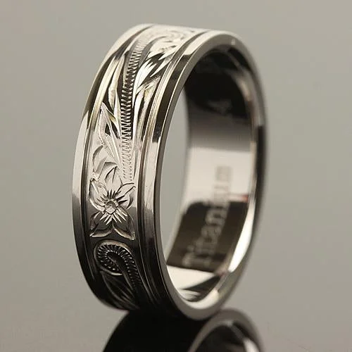 women's sustainable engagement ring-8mm Hawaiian Scroll Titanium Wedding Ring with Two Engraved Line