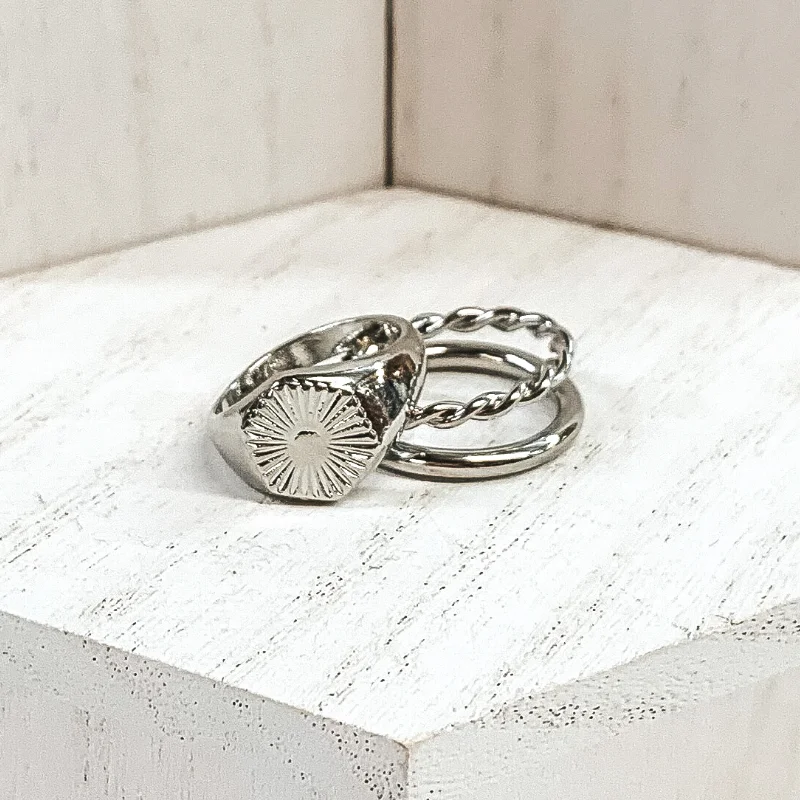 women's twisted ring-Set of 2 | Hexagon Shaped Sunburst Ring Set in Silver Tone