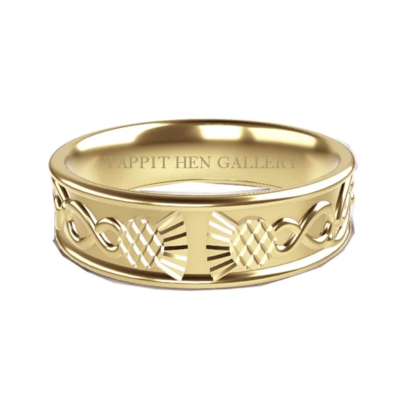 women's filigree engagement ring-YELLOW GOLD CELTIC THISTLE INFINITY WEDDING RING