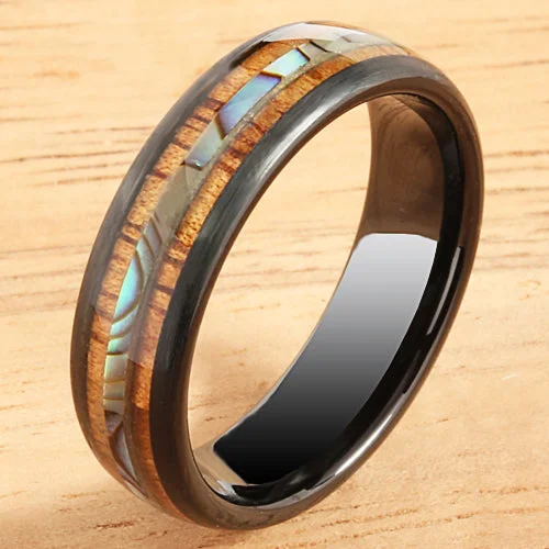 women's tension-setting engagement ring-Koa Wood Ring  Abalone Inlay Black Tungsten Wedding Ring Central Abalone 6mm Barrel Shape