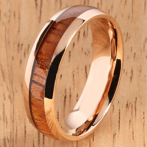 women's non-traditional engagement ring-Pink Gold Stainless Natural Hawaiian Koa Wood Inlay Dome Wedding Ring 6mm