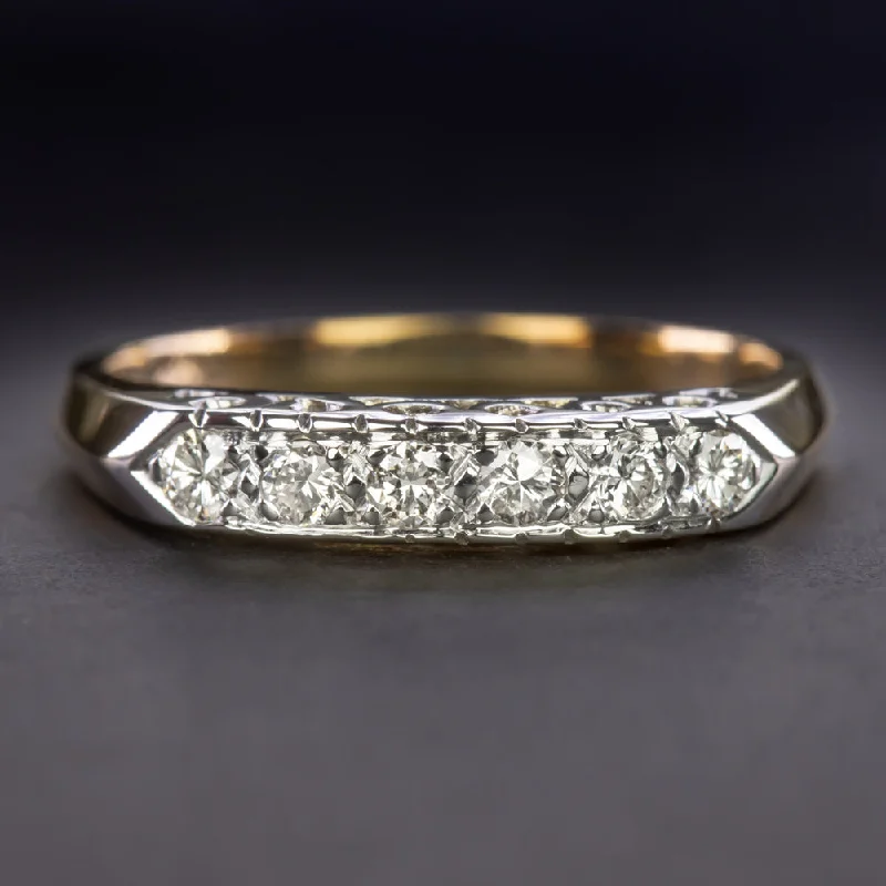 women's gothic engagement ring-VINTAGE DIAMOND WEDDING RING STACKING BAND 14k TWO TONE GOLD KNIFE EDGE ESTATE