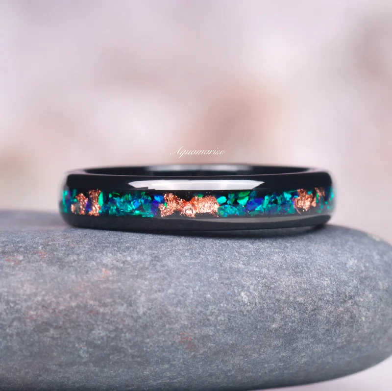 women's sapphire engagement ring-Peacock Fire Opal Wedding Band- 4MM His/ Hers Black Tungsten Wedding Ring