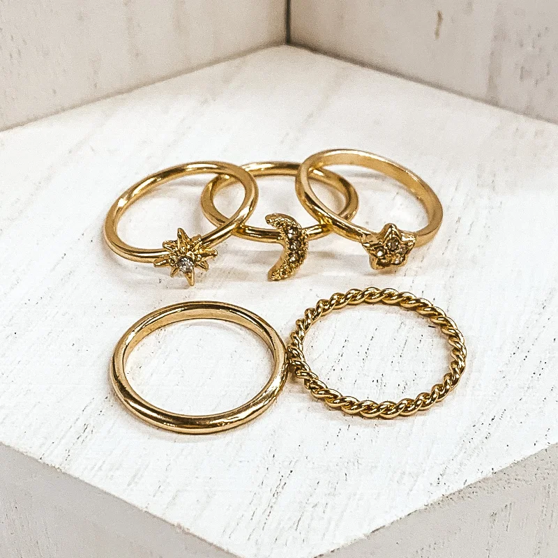 women's moon ring-Set of 5 | Moon and Stars Ring Set in Gold Tone