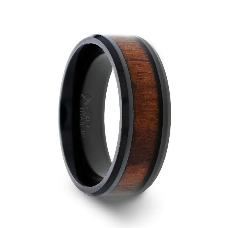 women's modern engagement ring-KONY Black Titanium Polished Beveled Edges Black Walnut Wood Inlaid Men’s Wedding Ring - 6mm & 8mm