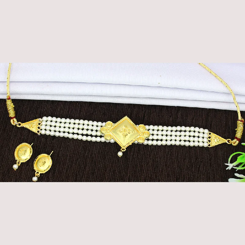 women's budget-friendly necklace-Mahavir Gold Plated Pearl Choker Necklace Set