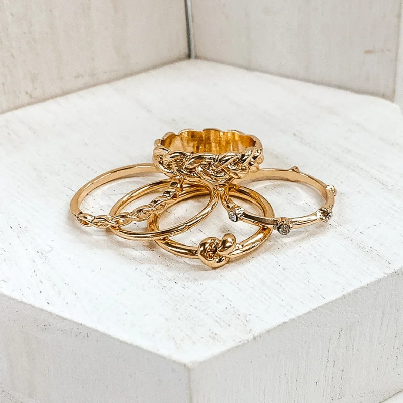 women's monogram ring-Set of 5 | Multi Textured Ring Tone Set in Gold