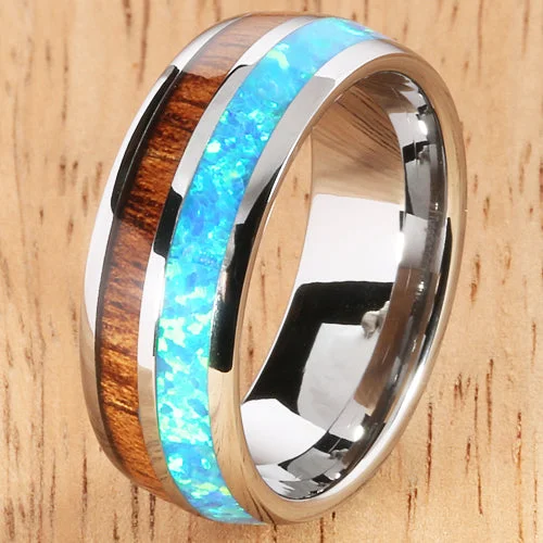 women's oversized engagement ring-Koa Wood Opal Tungsten Two Tone Mens Wedding Ring Half Wood/Opal 8mm Barrel Shape Hawaiian Ring