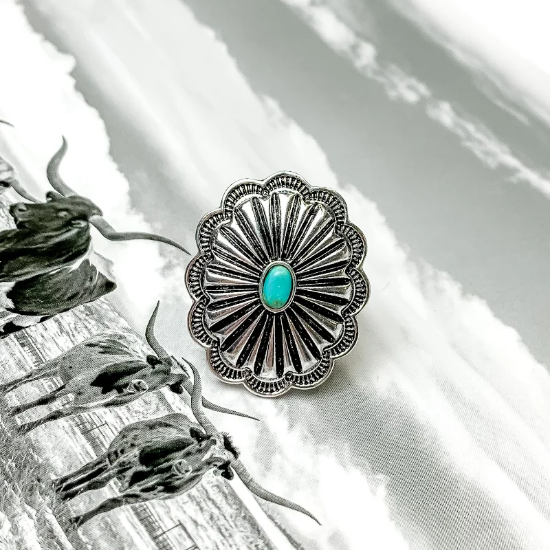 women's high-end ring-Silver Tone Oval Concho Cuff Ring with Center Faux Stone in Turquoise