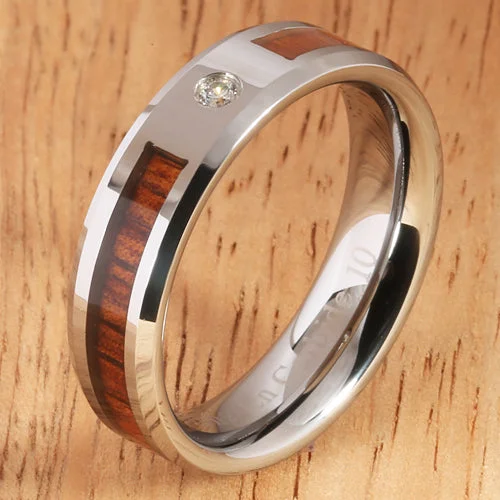 women's minimalist engagement ring-6mm Natural Hawaiian Koa Wood Inlaid Tungsten with CZ Beveled Edge Wedding Ring